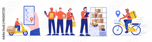 Delivery Service Concept illustration set. Collection of scenes with Delivery Service Team, Female Warehouse Worker Checking Parcel Inventory, Delivery Courier Riding on Bicycle