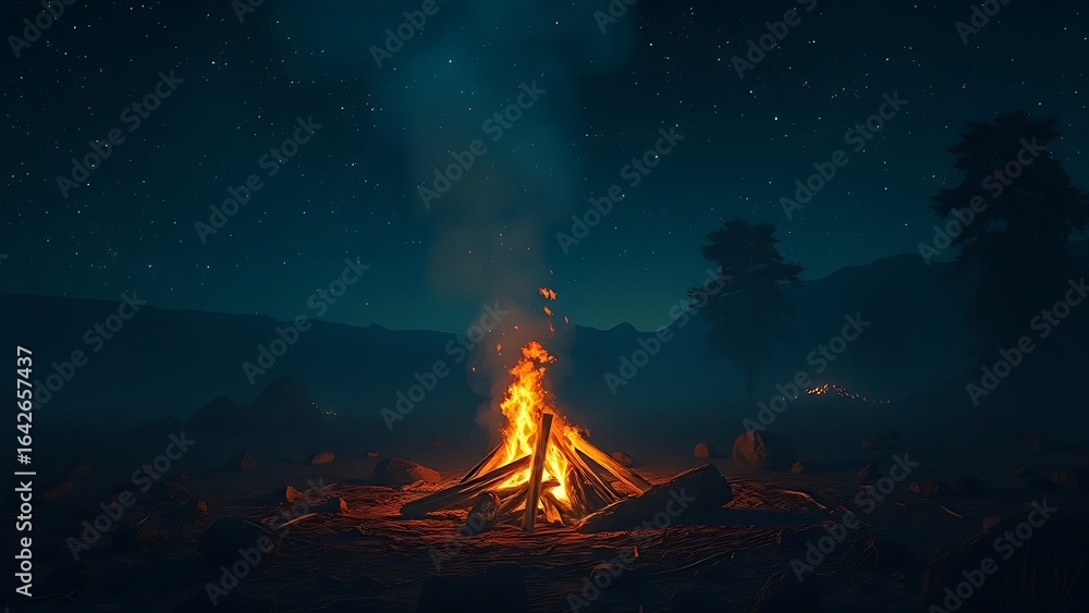 Fototapeta premium A solitary campfire surrounded by countless glowing embers under an endless prehistoric night sky.