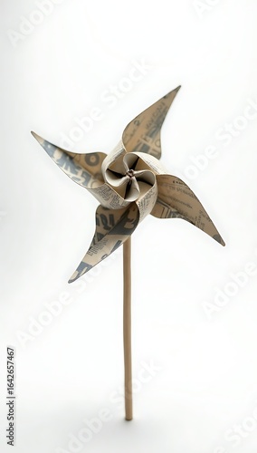 Floating paper origami windmill made from recycled newspaper, representing renewable wind energy, isolated on white.