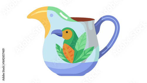 Illustration of a decorative bird pitcher with tropical leaves design for home decor and kitchenware