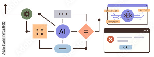 AI workflow featuring connected gears, nodes, and decision-making processes. Ideal for technology, automation, data science, software development, machine learning, artificial intelligence simple