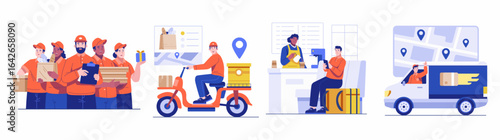 Delivery Service Concept illustration set. Collection of scenes with the Delivery Courier Team, Delivery Driver in a Van, Courier Waiting for the Order to be prepared by a female barista