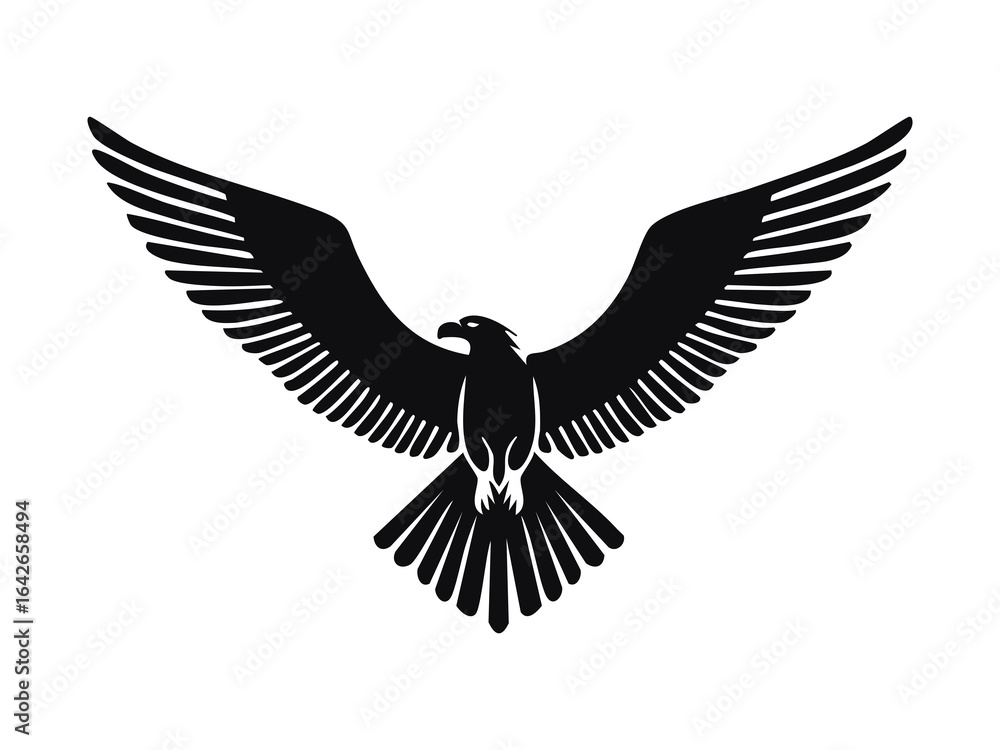 Fototapeta premium Perfect silhouette of a flying eagle with spread wings and sharp beak black fill in minimalist badge ready vector style