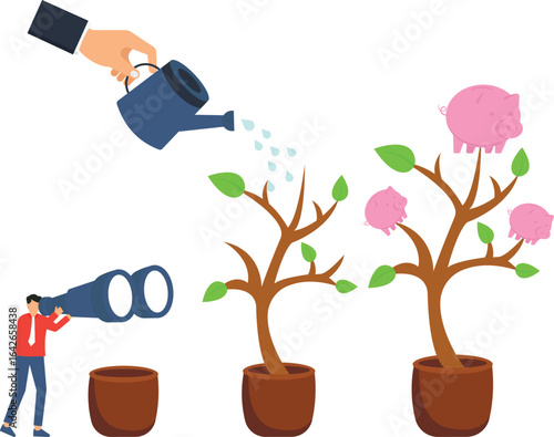 Financial Growth Concept: Watering a Tree with Piggy Bank Fruits,financial growth, investment strategy, business vision, money management, wealth creation, piggy bank, tree illustration, watering