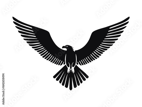 Perfect silhouette of a flying eagle with spread wings and sharp beak black fill in minimalist badge ready vector style