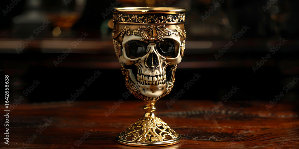 Obraz premium Gold Skull Goblet with Intricate Designs Set Against Dark Background – Luxurious Gothic Elegance