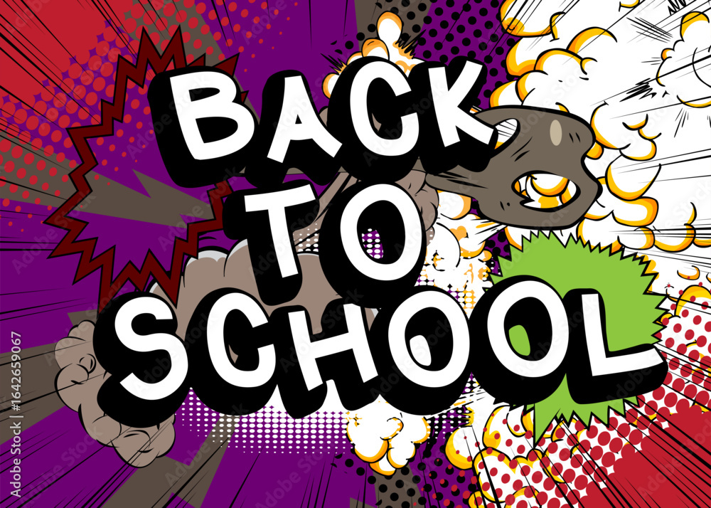Obraz premium Cartoon Back To School text, comic book words. Retro vector comics pop art design.