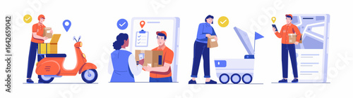 Delivery Service Concept illustration set. Collection of scenes with Delivery Courier Delivering Package to Customer, Woman Receives Food Order From Delivery Robot