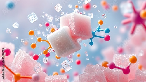 Floating sugar cubes dissolving into vibrant molecular structures, depicting metabolic balance.