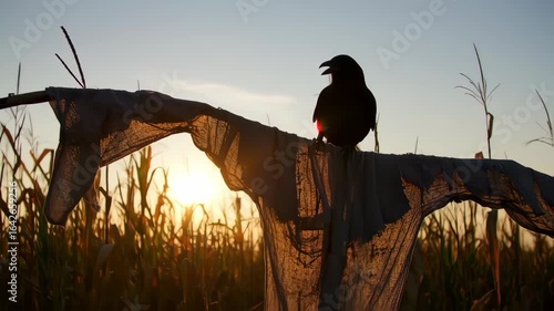 Silhouette of a scarecrow in a cornfield at sunset, with two crows perched on it