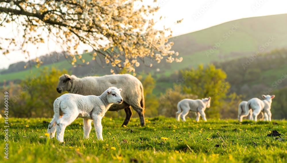 Obraz premium Sheep and lambs in a spring meadow