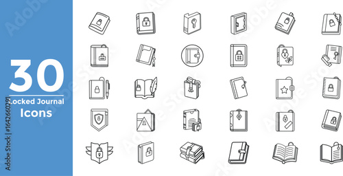 30 Locked Journal Icons in Outline Style on White Background collection diary