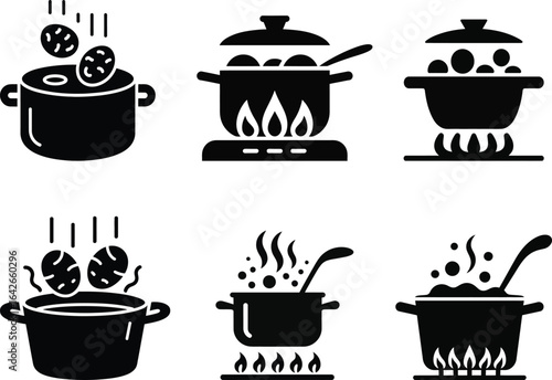 Six Black Icons Depicting Cooking Pots With Food and Heat Elements steam