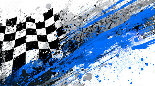 Abstract racing background with black and white checkered flag, blue streaks, and paint splatter effects.