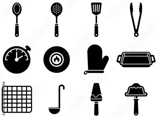 Set of black kitchen utensil icons for cooking and baking on a white background.