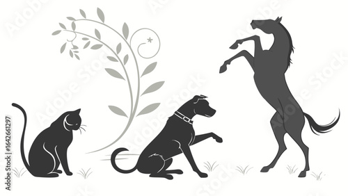 Vector illustration showing a cat sitting a dog giving paw a horse rearing and a decorative plant design element