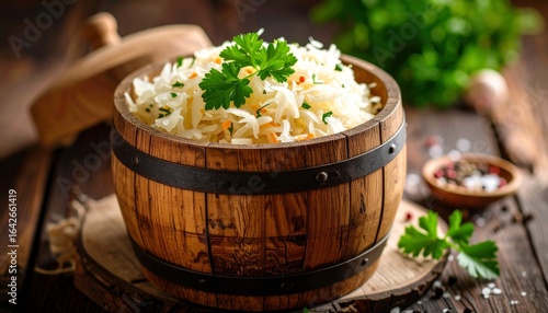 A rustic wooden barrel filled with fresh sauerkraut and garnished with parsley, on a dark wooden table