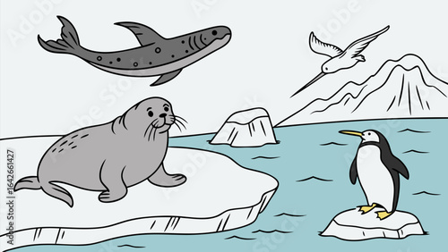 Vector illustration showing different antarctic animals like seals penguins and birds in their habitat scene