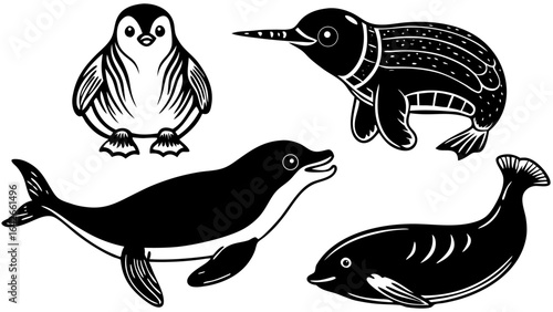 Vector illustration of a penguin, a puffin, a seal, and a dolphin in black and white vector format design