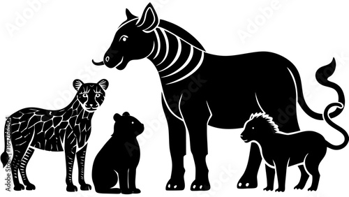 Vector illustration of a zebra like creature with a lion cub, leopard and bear cub in black and white style