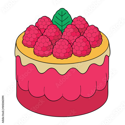 A delightful raspberry cake with moist layers, filled and topped with tangy-sweet raspberry frosting, bursting with fresh berries for a fruity, elegant treat.
