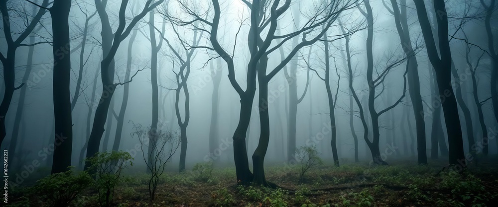 Obraz premium Eerie, fog-shrouded forest, ancient trees barely visible, nature, fantasy