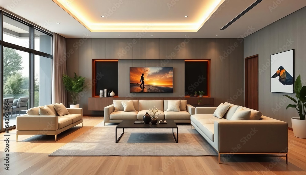 Fototapeta premium Modern minimalist living room, sleek sofa, stylish home decor, design, beige