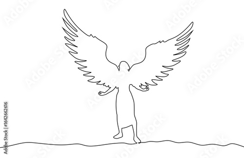 Fantasy woman angel with huge bird wings. Lady goddess in dress