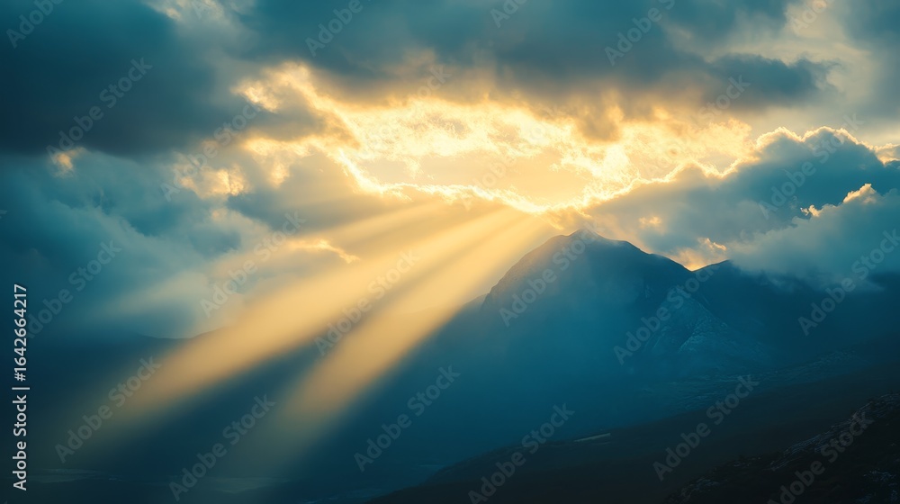 Obraz premium 48.Morning Sun Beaming Through Thick Clouds, Dramatic Rays of Light Over a Mountain, Hopeful and Inspiring, Natural Beauty