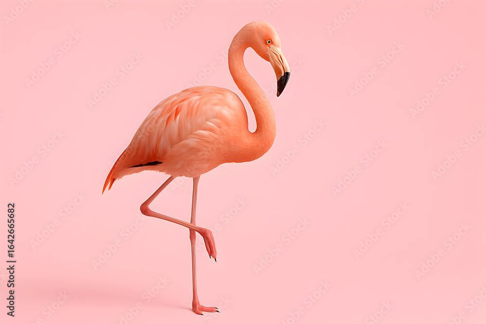 Fototapeta premium Flamingo strutting elegantly pink background animal photo studio setting close-up beauty and grace
