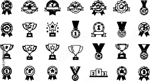 Set of winning award and prize icons, trophy reward, victory trophy signs depicting an award, victory cup achievement, winner medal - stock vector