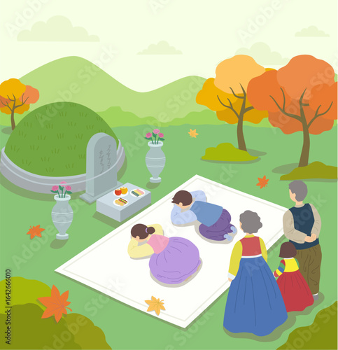 Illustration of the people visiting ancestral graves during Chuseok