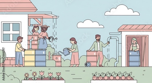 Community members collecting and using rainwater in a sustainable garden for eco-friendly living