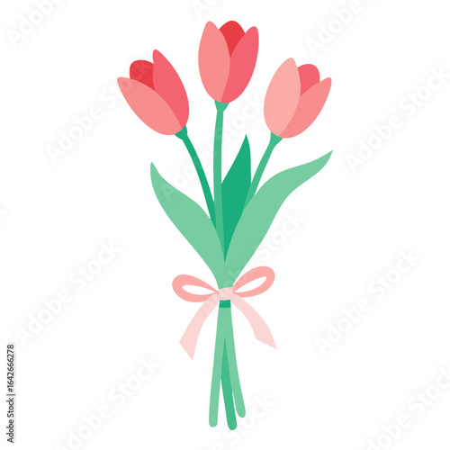 A simple flat design illustration of a bouquet of three pink tulips tied with a light pink ribbon and green leaves against a black background