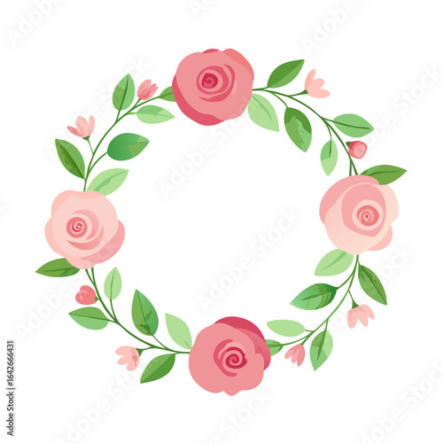 Delicate pink rose wreath with green leaves and buds on a black background