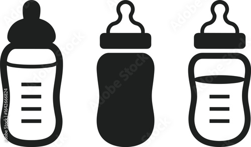 Baby bottle icons, black and white vector, measurement markings, liquid level, solid silhouette, infant feeding tools, nursery essentials, minimalist design, parenting product illustration.