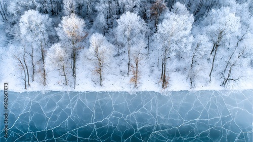Frozen trees line the edge of a cracked ice-covered lake.