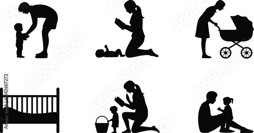 Silhouettes of adults and children, parenting scenes, reading together, stroller walk, crib, family bonding, emotional moments, childcare concept, nurturing relationships, black vector illustration.