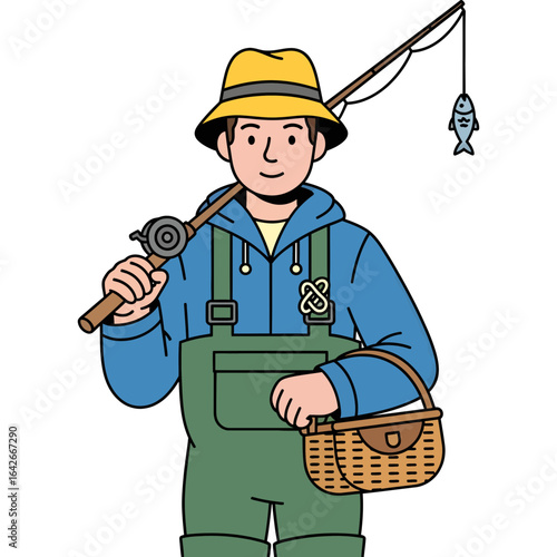 A cheerful fisherman character holding a rod with a freshly caught fish, representing a relaxing outdoor hobby and recreation.