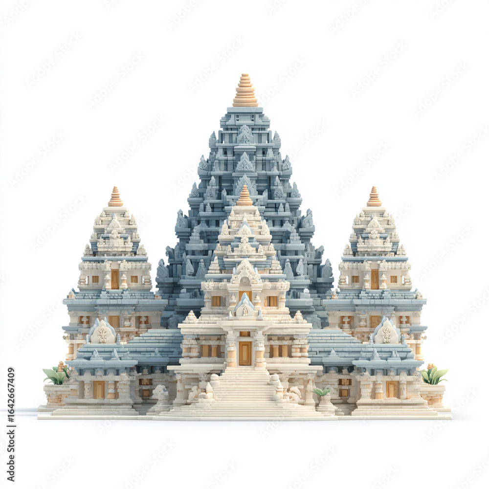 Fototapeta premium cute 3d cartoon miniature of Prambanan temple, simplified yet accurate structure, soft colors, clean isolated model, white background, stylized for educational visual asset