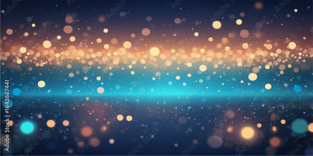 Bright Christmas lights glow like shining stars in the winter night, creating a festive blue bokeh pattern against a snowy holiday design