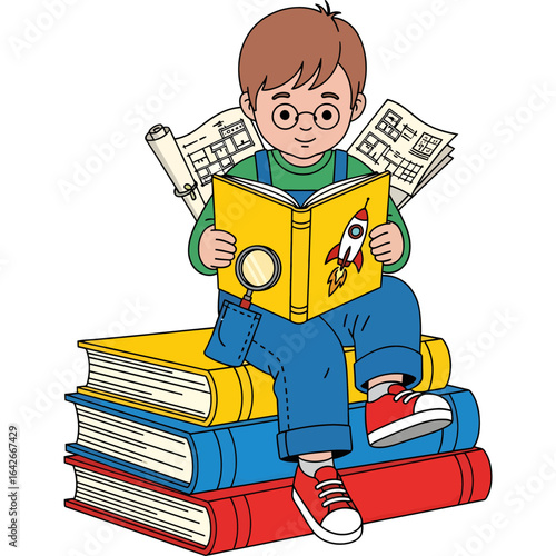 An inquisitive young boy with glasses delves into a book about space exploration, seated atop a stack of knowledge with engineering plans.