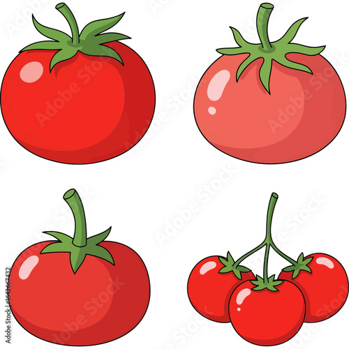 Cartoon tomato collection. Set of four isolated fresh red vegetable illustrations, including single and cherry tomatoes on a vine.