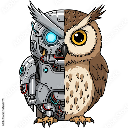 An illustration of a half-robot and half-owl cyborg, a conceptual design symbolizing the fusion of technology and nature.