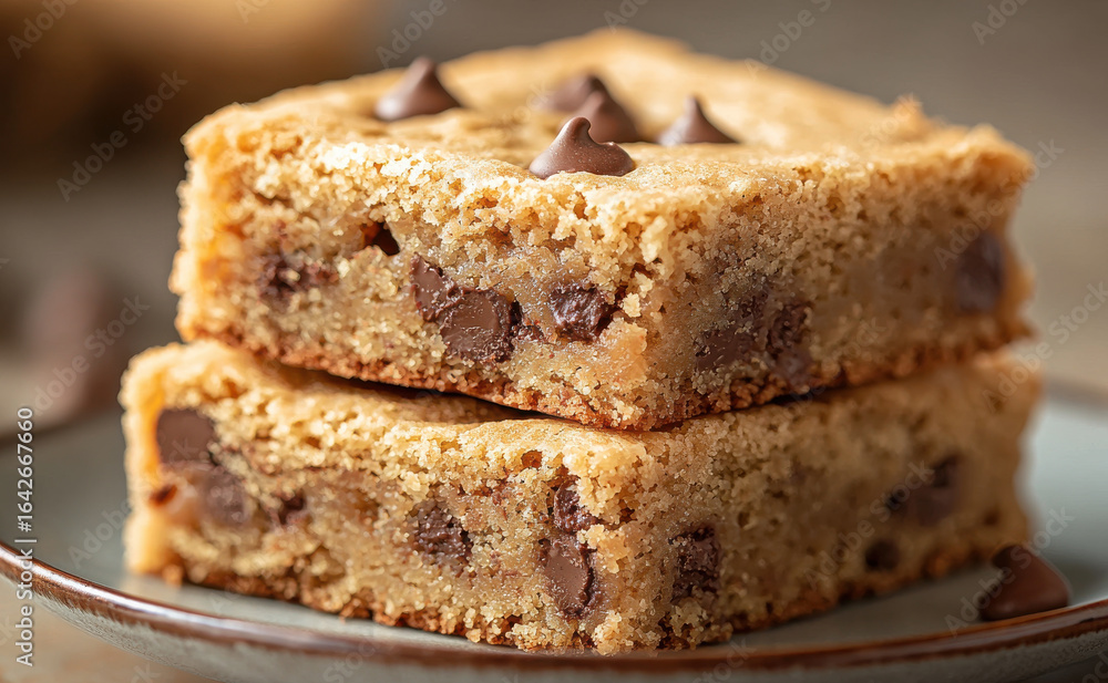 Delicious chocolate chip cookie bars stacked on plate, warm and inviting Delicious chocolate chip cookie bars stacked on plate, warm and inviting