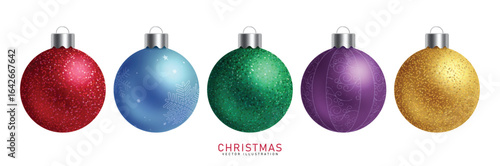 Christmas Balls multicolored clipart set. Colorful bauble ball clip art in glitter, printed, round and shiny for xmas and new year decoration elements collection in white background vector 