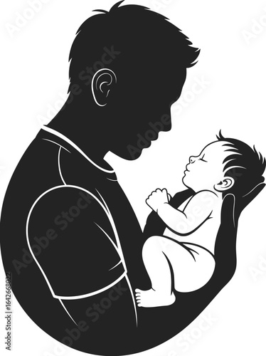 Silhouette of adult holding baby, black and white profile view, tender moment, peaceful infant, emotional bond, nurturing gesture, minimalist design, parental love, care.