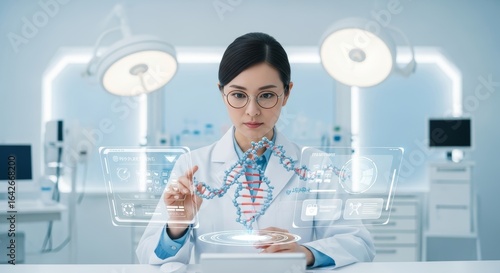 A young Asian woman in a lab coat interacts with a holographic display in a modern laboratory. She has long black hair and glasses, focused on her work.