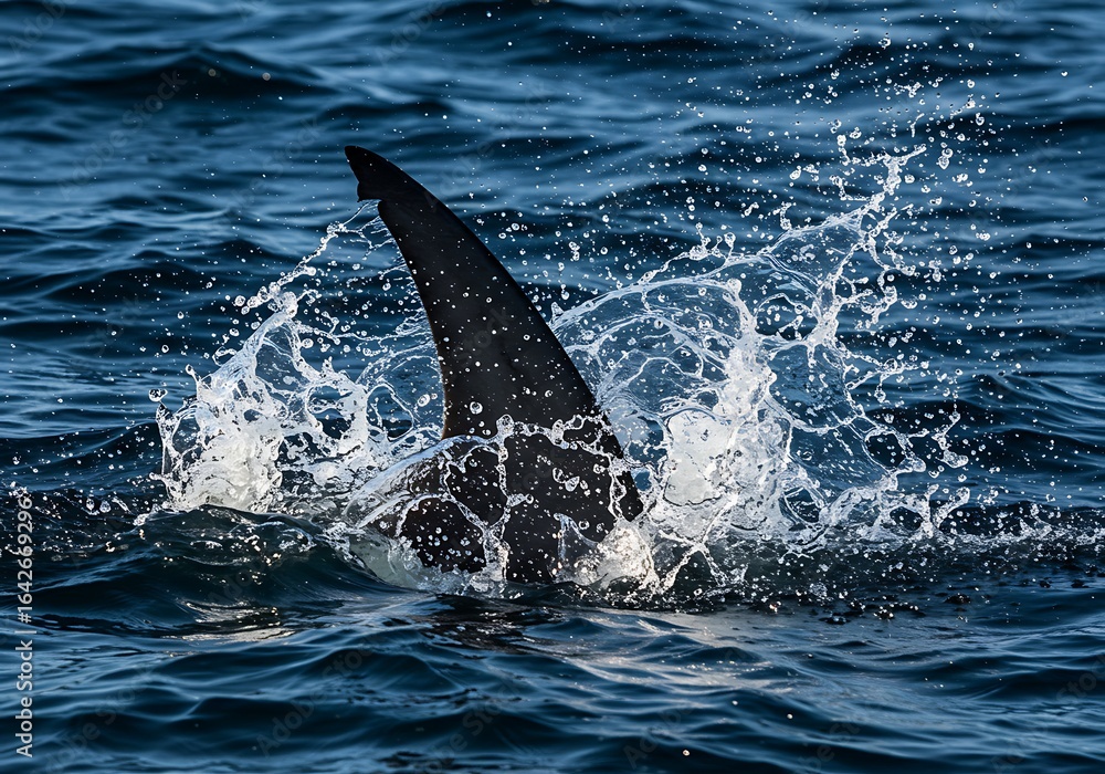 Fototapeta premium Shark dorsal fin cutting through ocean surface