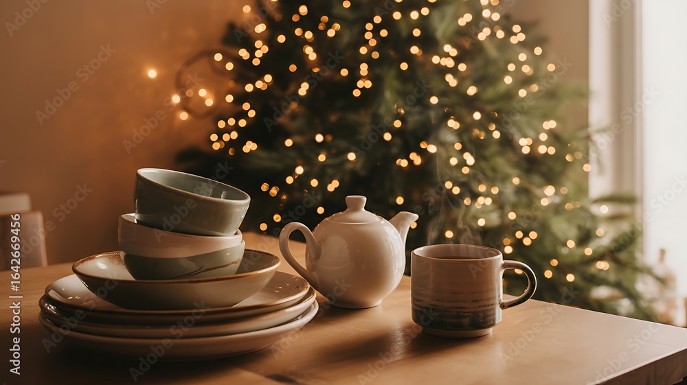 Fototapeta premium Cozy christmas morning table setting with warm lights